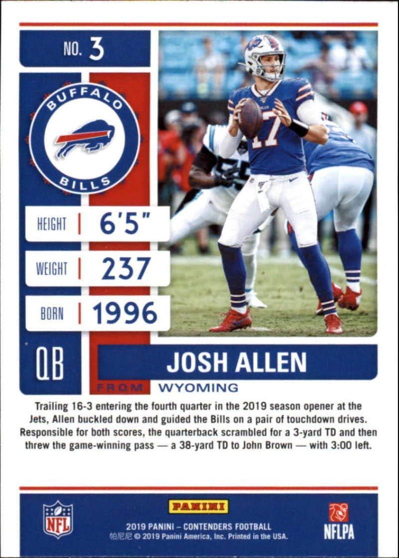 2019 NFL Contenders Season Ticket #3 Josh Allen Buffalo Bills Official Panini Football Trading Card