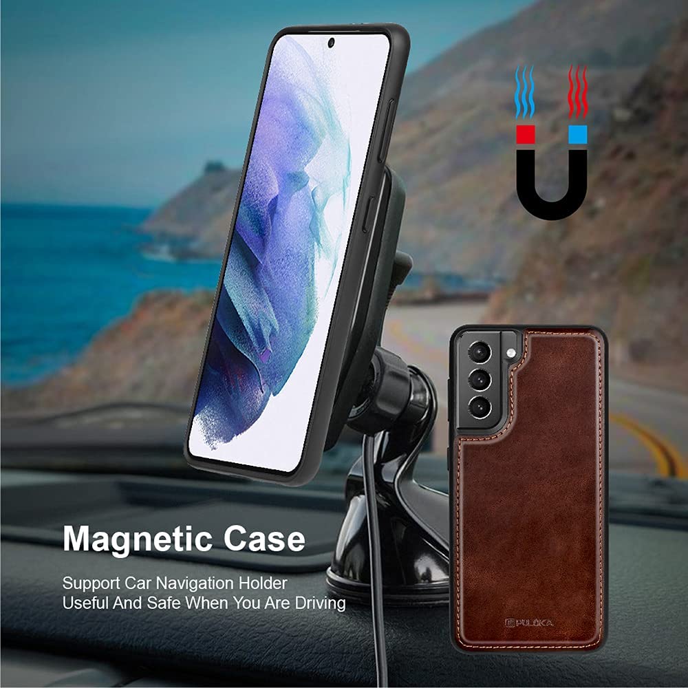PULOKA - 2 in 1 Flip Cover for Samsung S23 Ultra - Protective Case with Card & Cash Pockets - Detachable Flip Case, Kickstand & Magnetic Closure -Vegan Leather - Profesional & Premium Finish -Brown 4