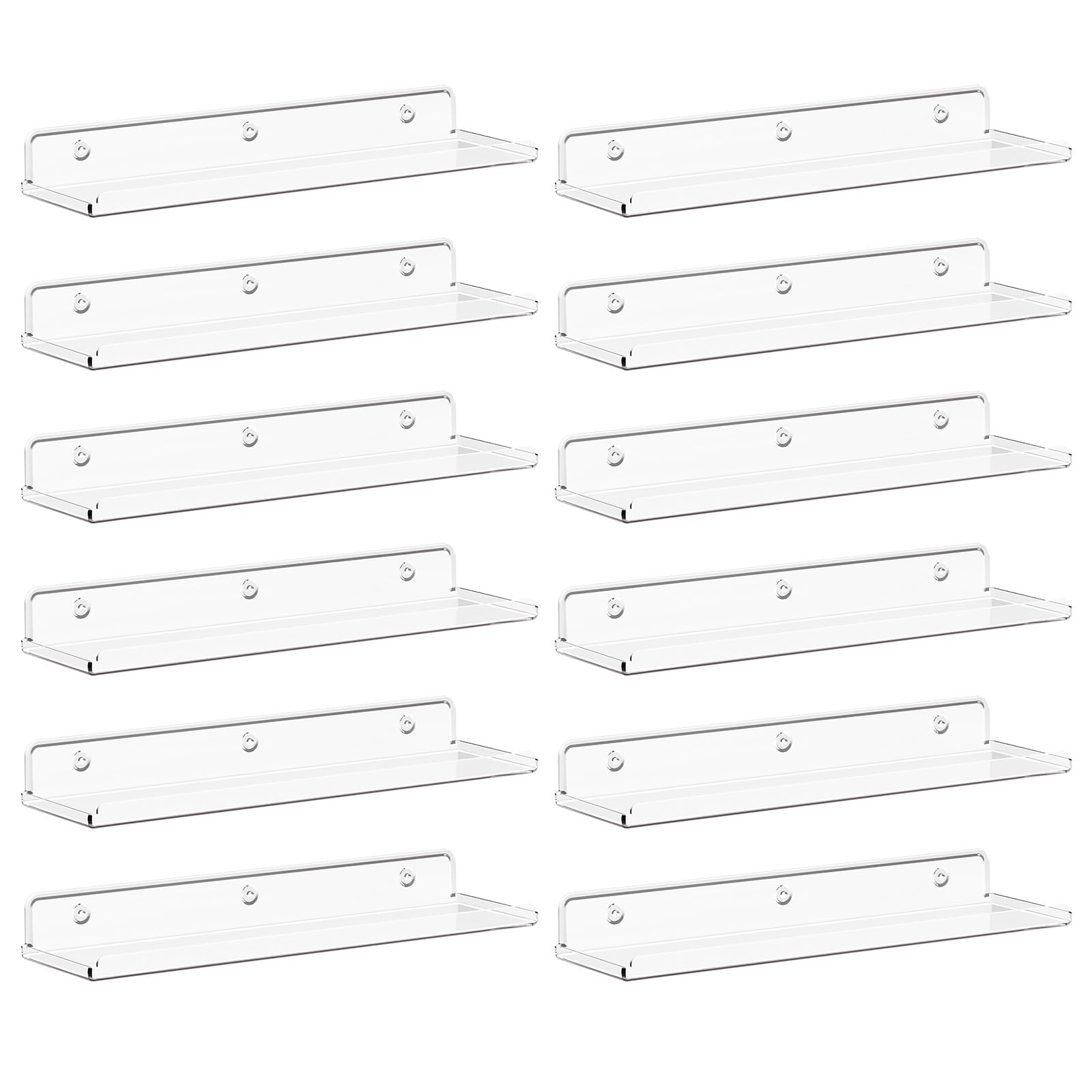 Lifewit Floating Shelves for Wall, 12 Pack Clear Acrylic Shelf 15" Room Decor for Bookcase/Vinyl Record Display/Photo/Picture in Bedroom, Living Room, Bathroom, Kitchen Storage and Organization