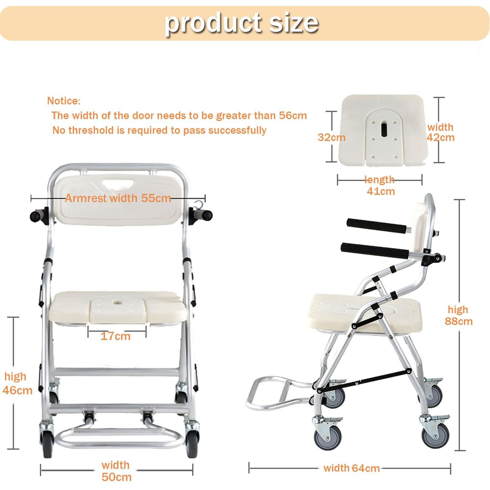 Silla para Ducha para Personas Mayores, Asiento Ducha con Ruedas Plegable, Taburete de Ducha Plegable con Frenos y Respaldo Desmontable, Carga 150kg