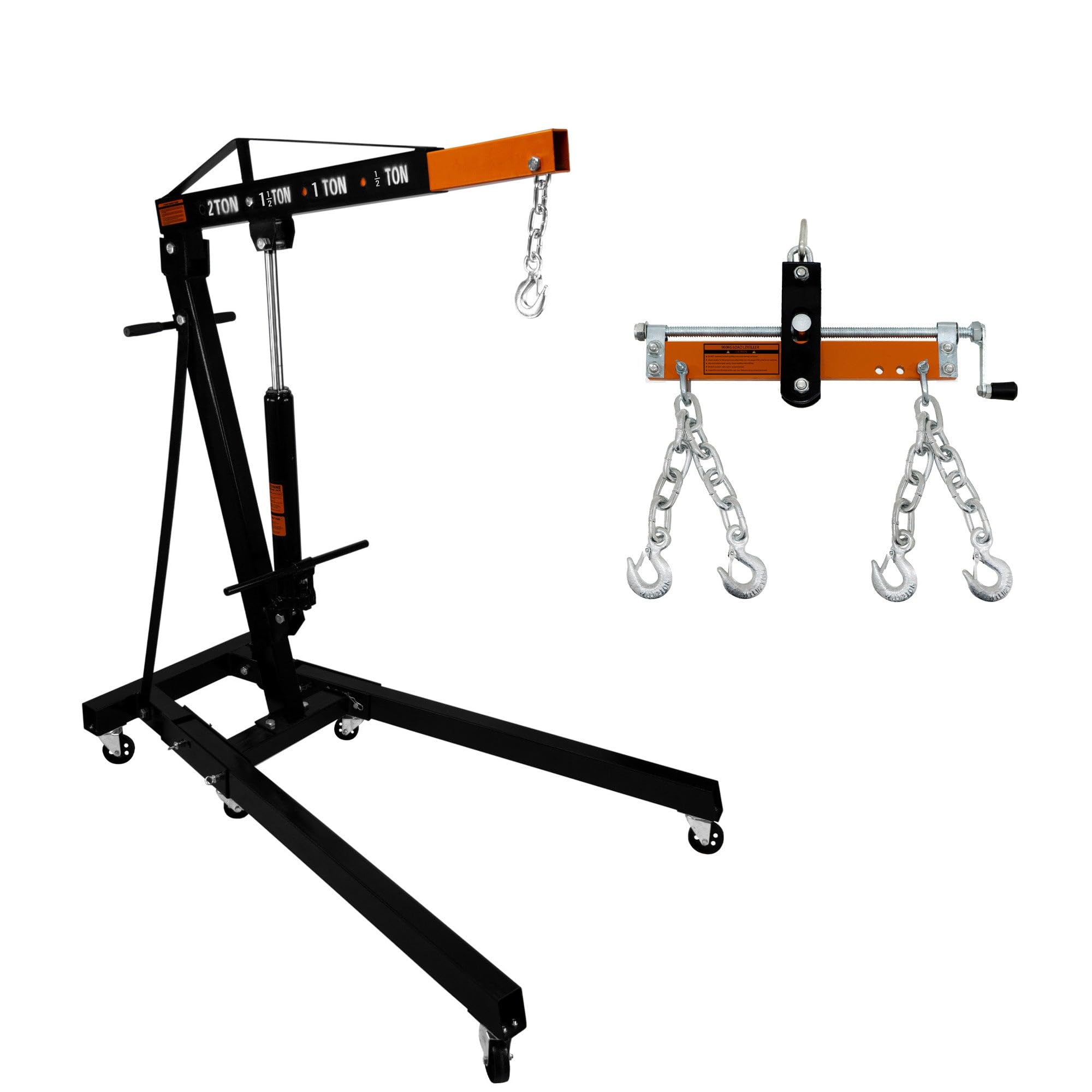 Set Grúa de Motor Capacidad 2 Toneladas + Equilibrador de Carga 900kg | Manilla de Bomba Hidráulica | 4 Posiciones de Brazo | Patas Plegables | Ruedas | Mango Ajustable p/afinar Centro de Gravedad