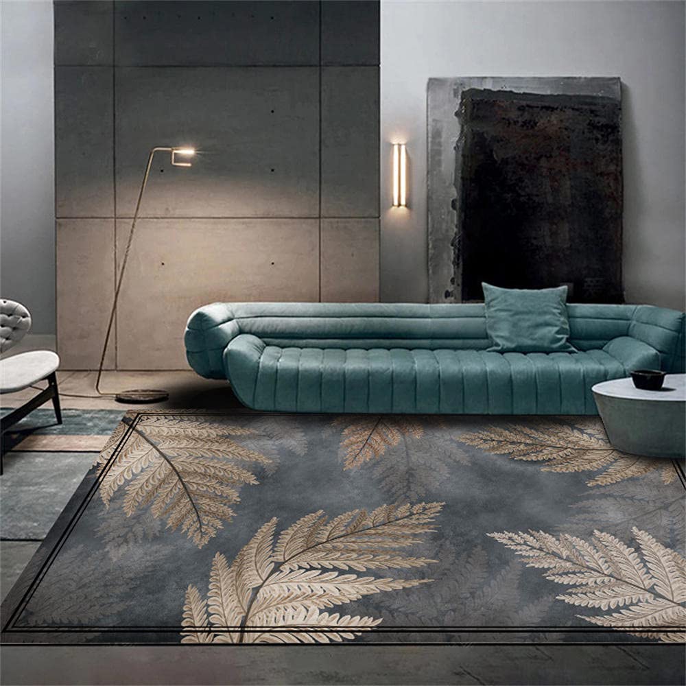 Tapis enfant gris 80x160cm antidérapant avec motif feuille moderne pour chambre