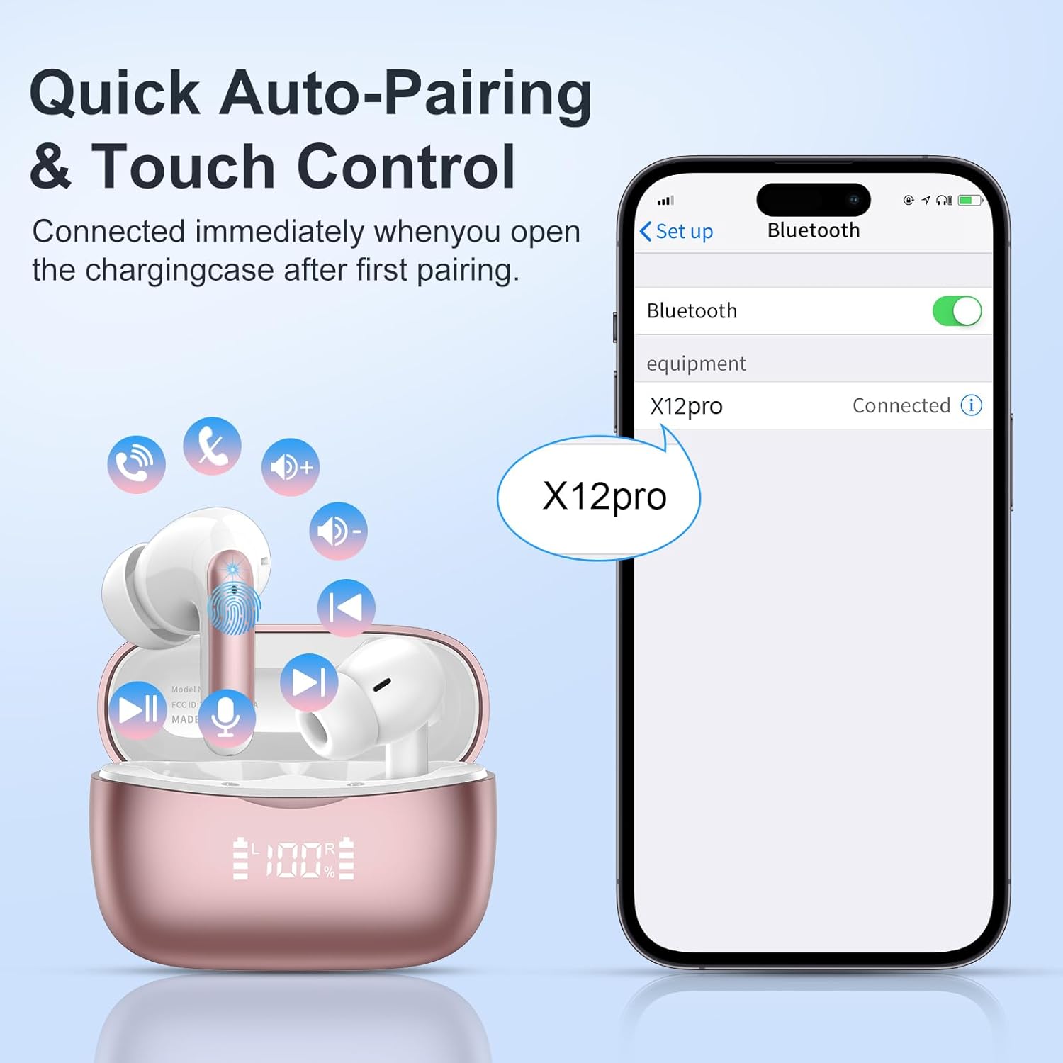 Smartphone screen showing Bluetooth pairing with X12Pro earbuds