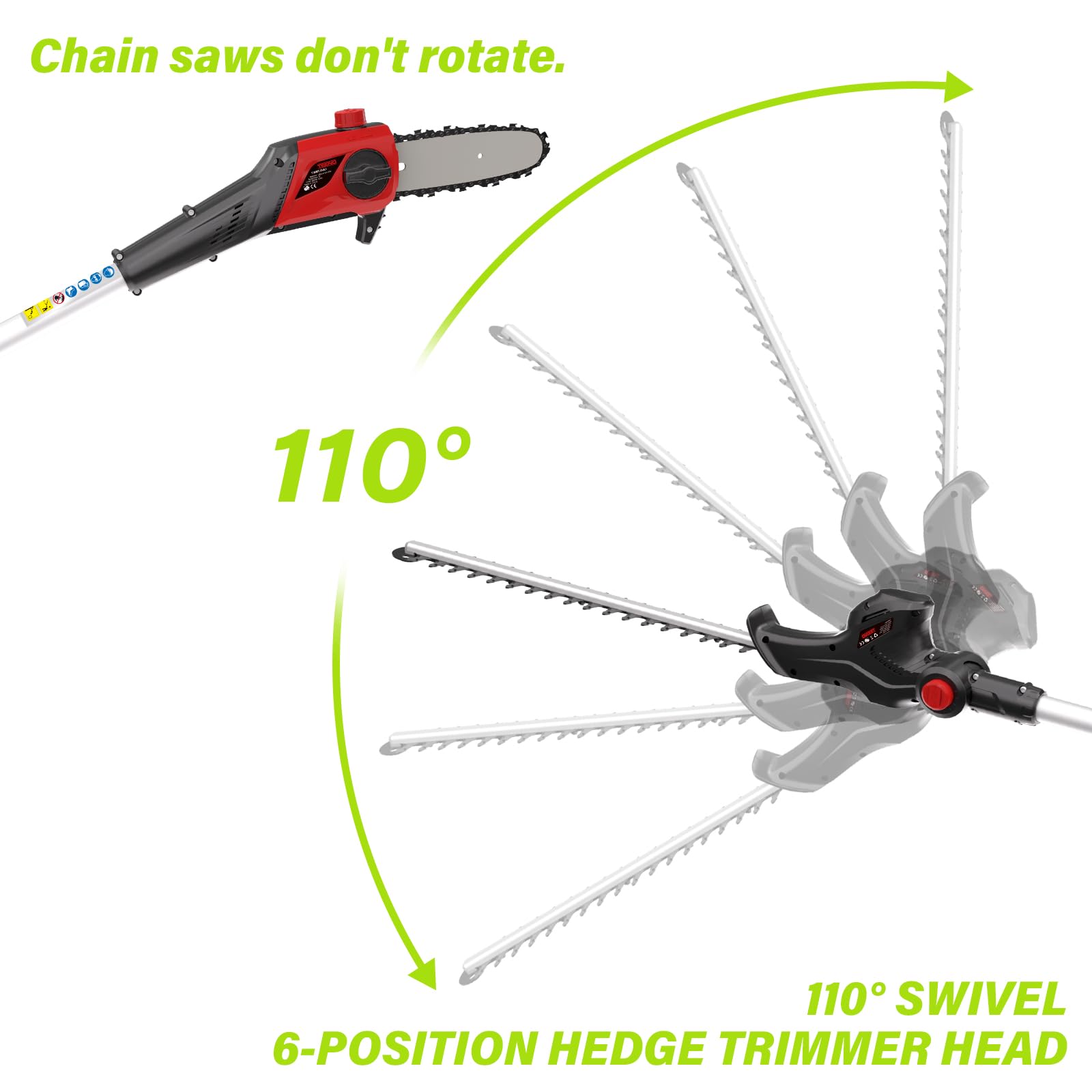 2-en-1 Élagueur sur Perche et Taille Haie Télescopique sans Fil, Batterie Li-ION 20 V 4000mAh,Poignée Principale Orientable,Tête Inclinable,Moteur sans balais de 42 cm, Bandoulière Incluse-TEENO