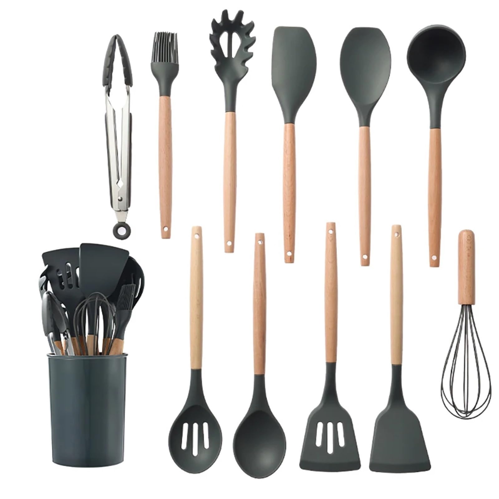 Silikonspatel Silikon Küchengeschirr Kochutensilien Set Antihaft-Kochgeschirr Spatel Schaufel Schneebesen Holzgriff Küche Kochwerkzeug Set Silikon Spatel Set (Color : Grey)