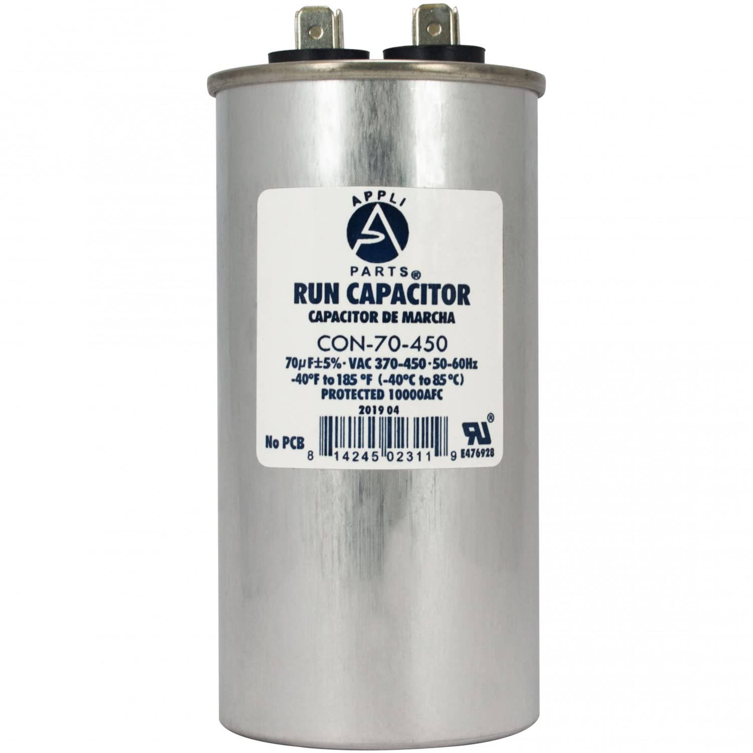 AP APPLI PARTS Run Capacitor for ac 70 Mfd uF (microfarads) 370 VAC or 450 VAC CBB65 Round Universal fit for hvac and other applications 4-3/4 in High 2 in Wide CON-70-450