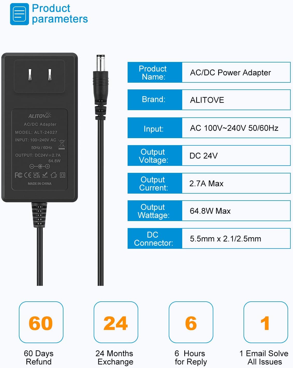 ALITOVE 24V Power Supply 2.7A 65W AC to DC Adaper 24 Volt Transformer Converter 4.92Ft Power Cord with 5.5X 2.5mm Tip for DC24V 0~2700mA Devices LED Lights Printer SoundBar LCD Monitor Pump