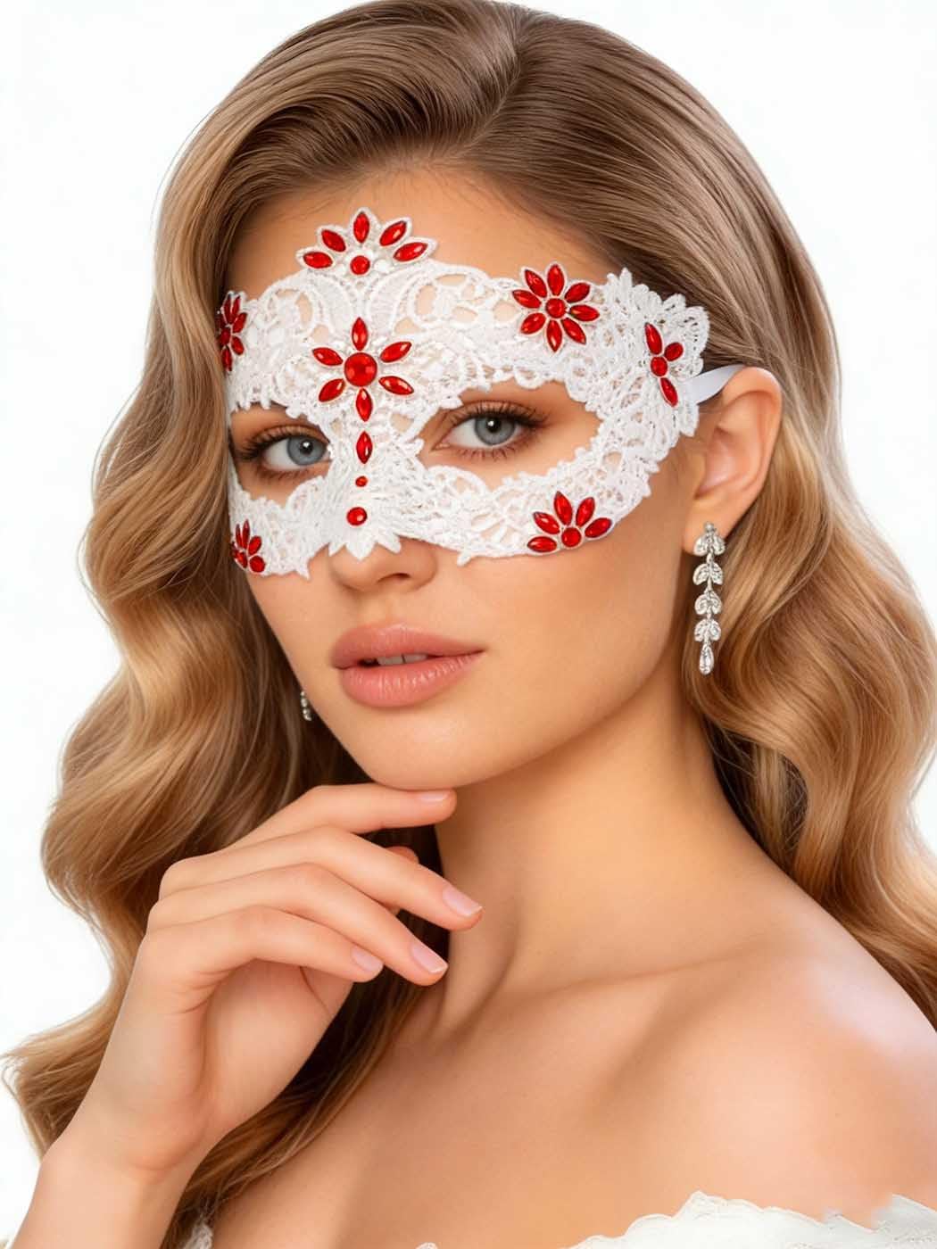 Yalice White Lace Masquerade Mask for Wome Elegant Beaded Lace Half Face Costume Mask for Party Mardi Gras Ball