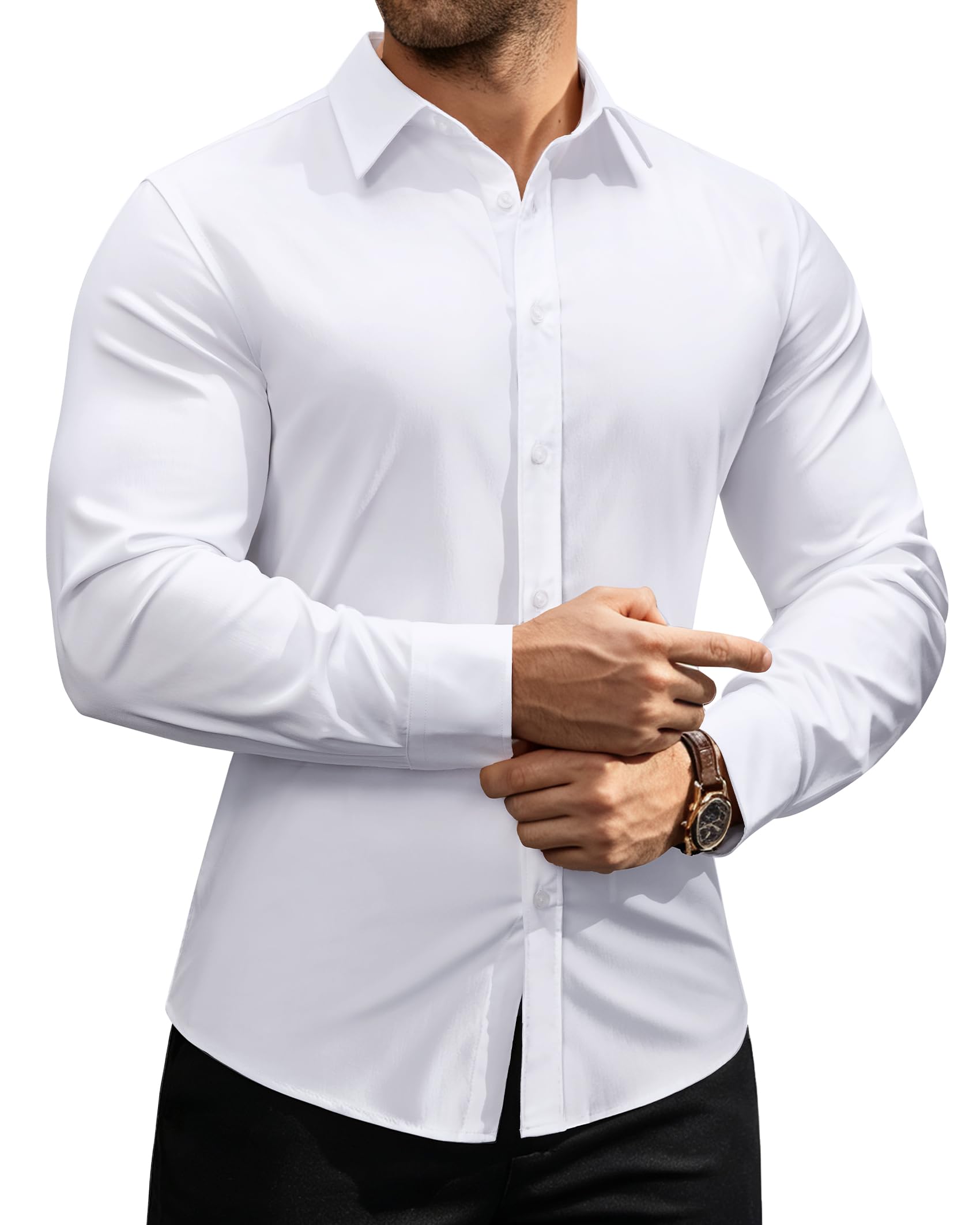 Men's Muscle Fit Dress Shirt Stretch Long Sleeve Button Down Shirt
