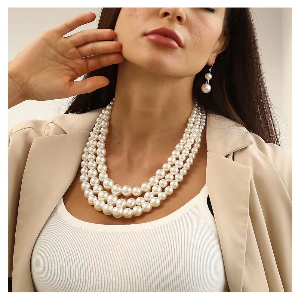 JKJF Multi Strand Pearl Necklace 1920s Flapper Pearls Necklace 3 Layered Pearl Necklace Faux Pearls Necklace for Wedding Prom Halloween Cosplay Tea Party Banquet
