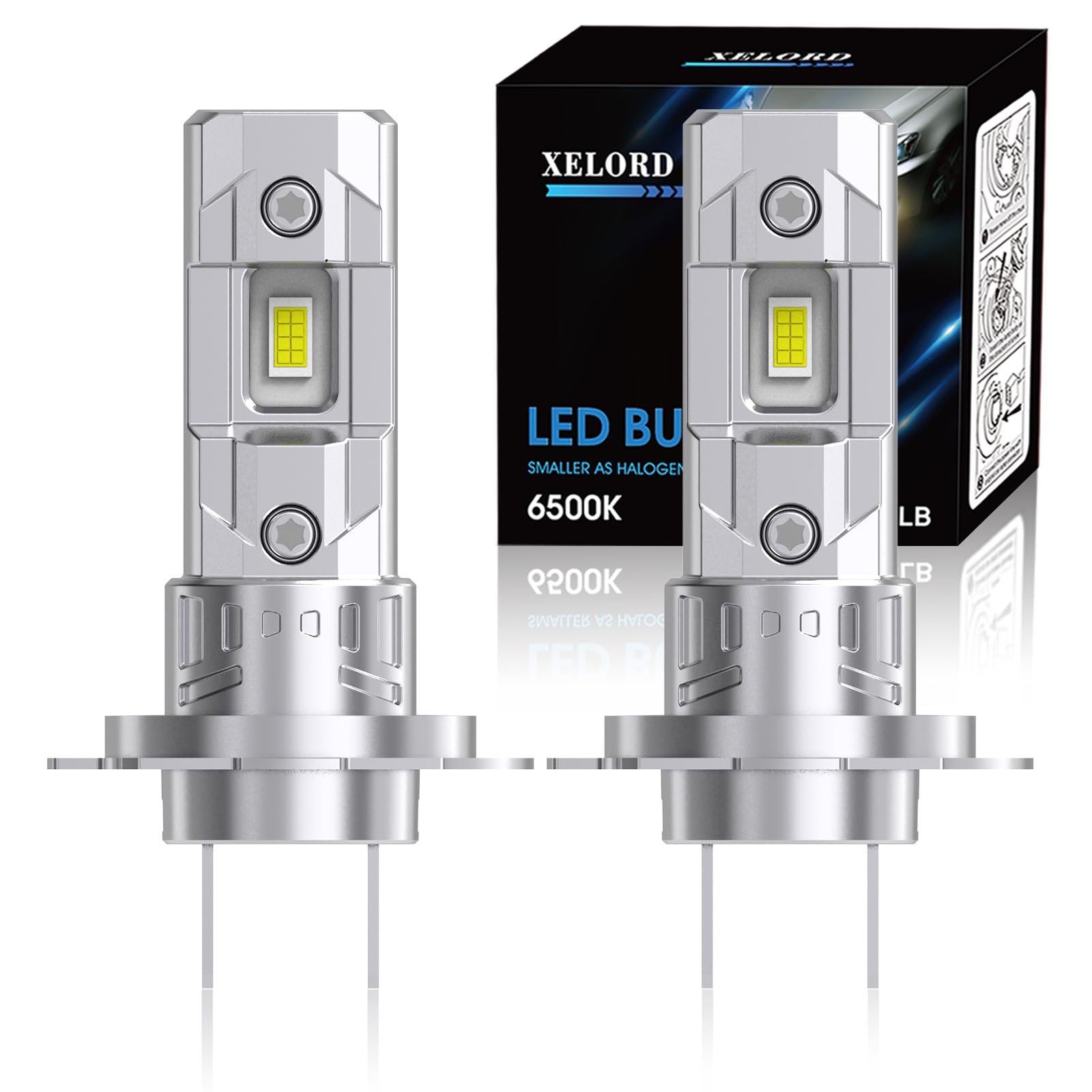 LED H7 Car Bulbs,6500K Bright White Light 55W 14000LM,Replacement Halogen Bulb,1:1 Plug-n-Play Design,Pack of 2