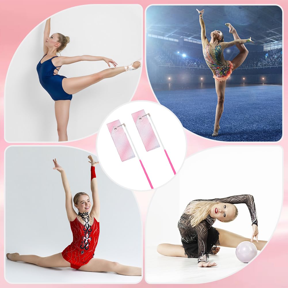 CREATCABIN Rubans Danse Polycoton Gymnastique Étincelants Banderoles Gymnastique Rythmique Roses avec Baguette 1.95m