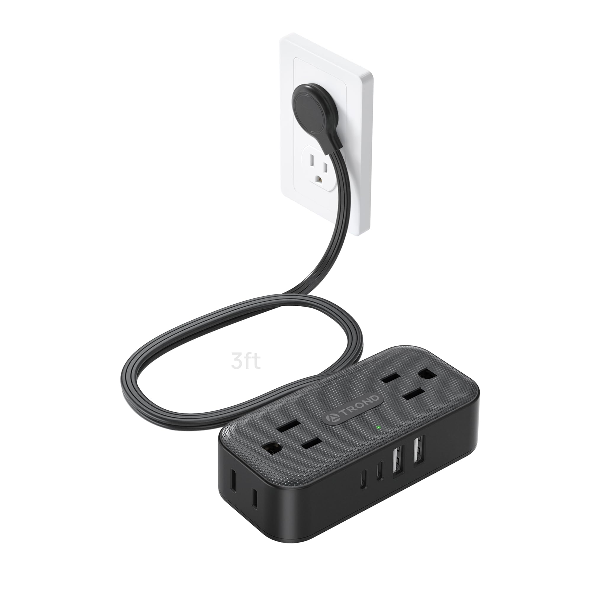 TROND 3FT Flat Extension Cord with Ultra-Thin Outlet Cover, Flat Wall Plug Power Strip with 4 AC 4 USB Ports, Hidden Outlet Extender for Tight Spaces, 10A/1250W, 900J Surge Protection, White — view 11