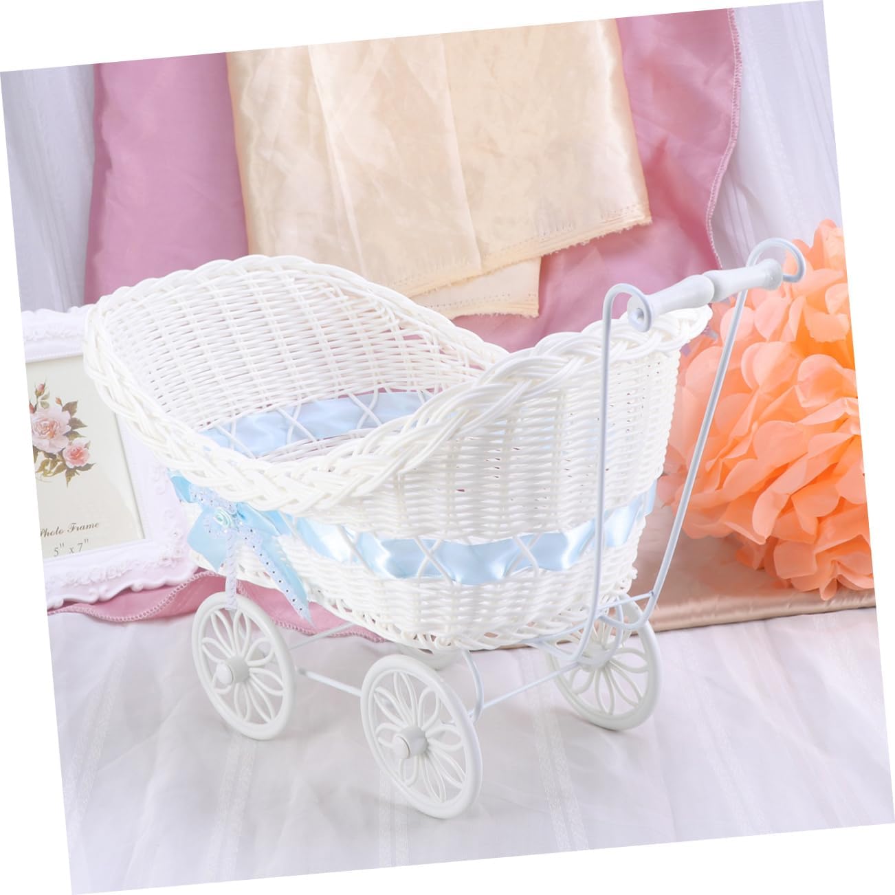 Amosfun Blue Woven Cane Tricycle Decor Flower Basket for Shower Wedding Birthday Rattan Stroller Ornament Gift and Home Party Decoration