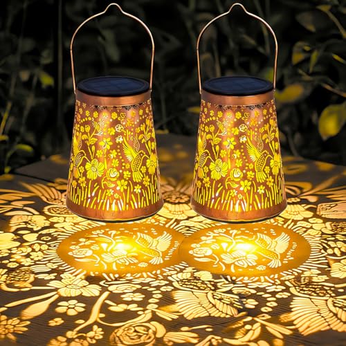 LeiDrail Hummingbird Solar Lanterns Outdoor 2 Pack, Hanging Waterproof Vintage Metal Lantern, Auto On/Off Garden Patio Yard Porch Pathway Decor, Warm White LED, Gifts for Women Mom Grandma