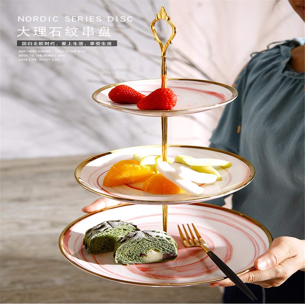 Soporte de cerámica para Tartas de 3 Niveles, con diseño de piñón, Ideal para cenas, Bodas, Pasteles, postres de Frutas (Rosa, Talla única)