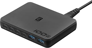 Cellularline Netzladegerät Power Lite Desk Station mit 6 Anschlüssen, 4 USB-C mit 100 W und 2 USB-A mit 30 W, 95 W Gesamtleistung und GaN+ Technologie für Laptops, schwarz