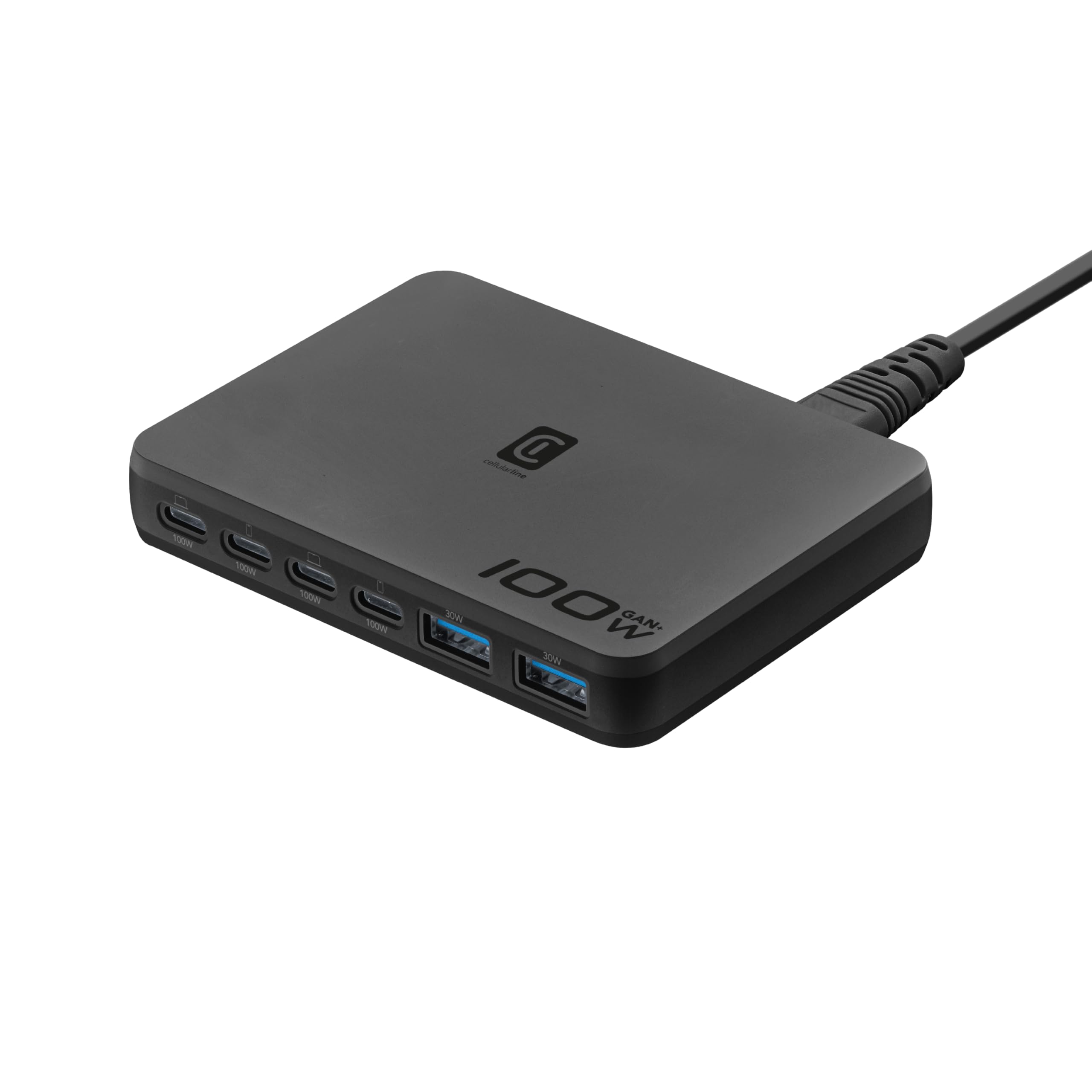 Cellularline stazione di ricarica da scrivania Power Lite da 100 W con 6 porte, tra cui 4 USB-C e 2 USB-A, con tecnologia GaN+ per smartphone, tablet e laptop, nero