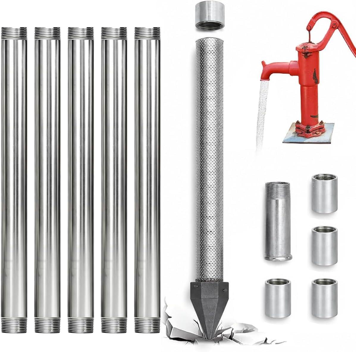 Kit Punta Filtrante, NPT 1-1/4 con Filtro INOX de 1 m 60 Mesh | 5 Tubos Galvanizados Suman 6 m con Punta Fundida; Instalación Manual y Bombas de Mano para Huertos, Fincas y Cabañas Rurales