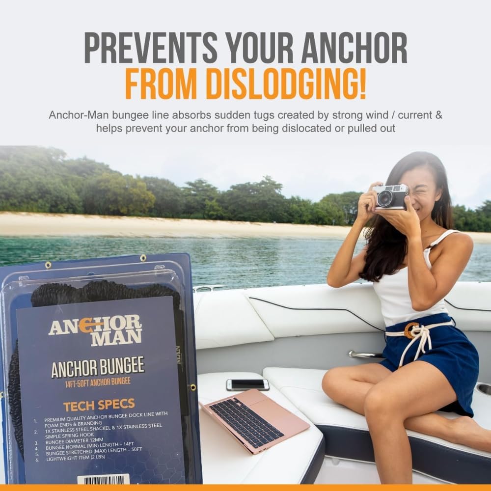 Anchor-Man Bungee-Schnur für Boote, Doppel-Clips, strapazierfähig, 316 Edelstahl, ideal für Boote PWC, eingebauter Snubber, Kajak, Wasserfahrzeuge, SeaDoo, Jetski, Ponton, Kanu (4,3 m - 15,2 m)