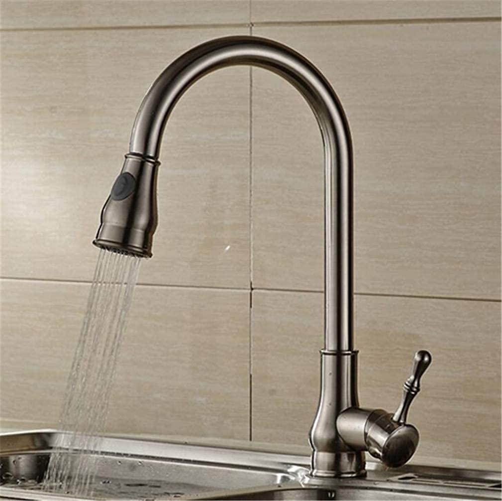 BHFPFZA Antique Brass Kitchen Faucet Pull Down Sprayer 360° Swivel Hot & Cold Water Mixer Tap Retro Single Handle Design Brushed Nickel Finish for Modern Kitchens