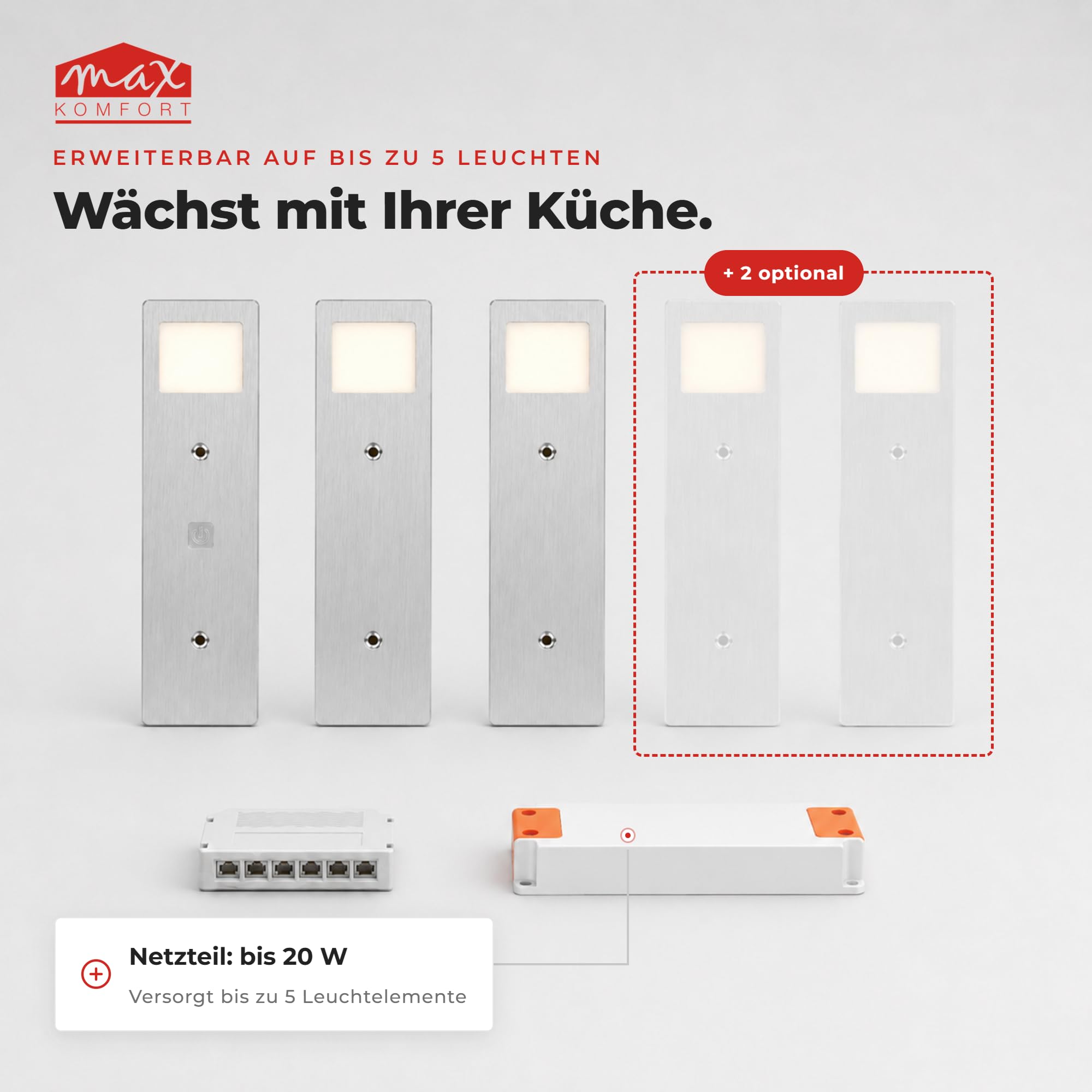 Maxkomfort LED Unterbauleuchte Küche 5er Set Dimmbar per Touch – 4W Warmweiß 3000K, Aluminium Ultraflach 5mm, Plug and Play Montage ohne Elektriker, Unterschrankleuchte Küchenschrank