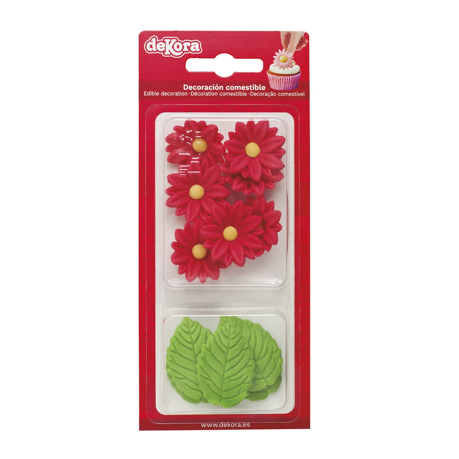 Dekozauber24 Essbare Blumen für die Torte, rote Zuckerblumen, vegetarisch, 7 Blüten, mit 5 Blättern, essbare rote Tortendeko für Muffins, Cupcakes, Torten und mehr