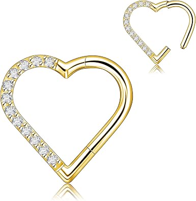 1PC G23 Titanium Clicker Heart Shape Piercing Ring CZ Nose Rings Hoop Segment Ring Ear Piercing Daith Helix Tragus Cartilage Earrings Jewelry 16G, JDA002-1PC-GL08