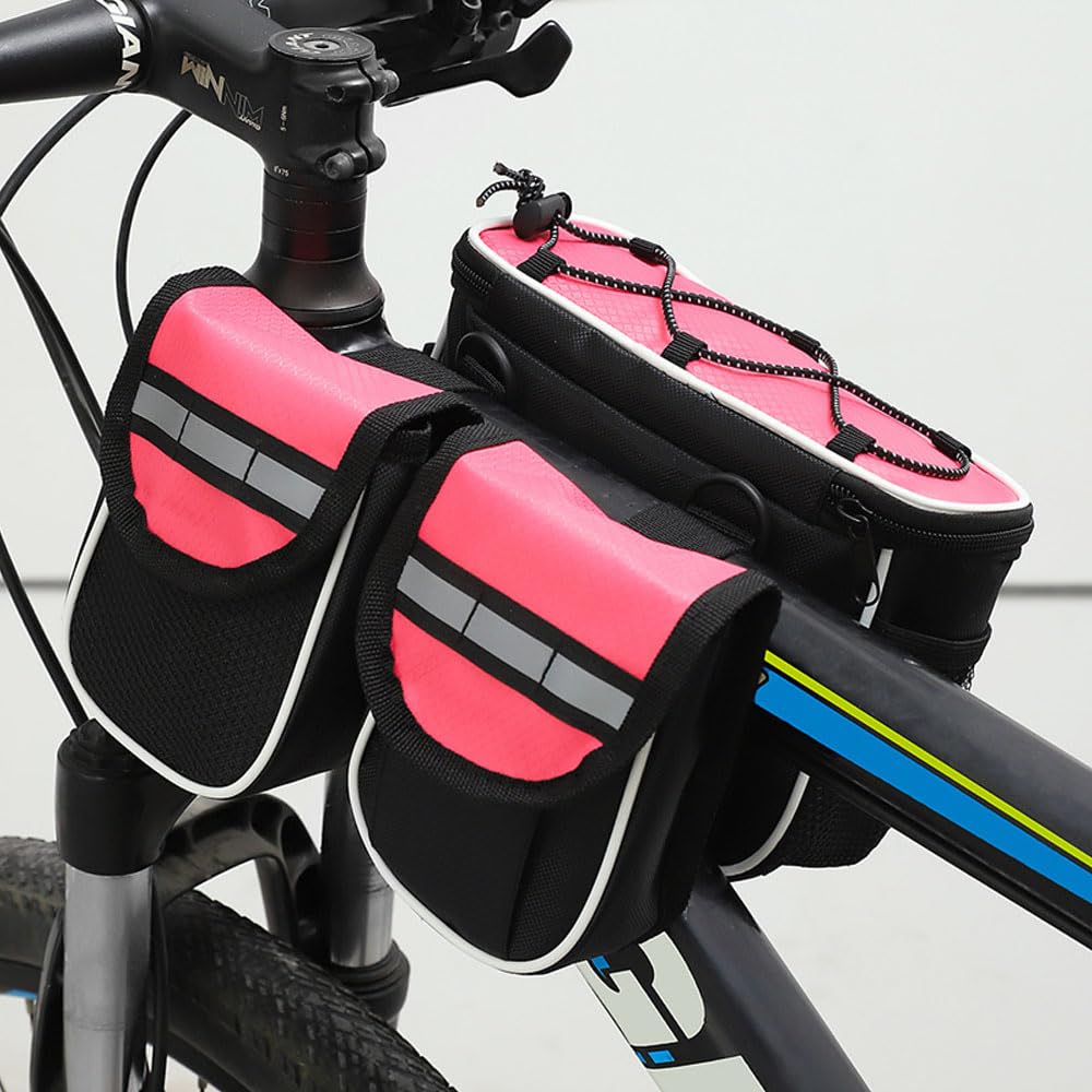 Hosoncovy 4 in 1 Bicycle Front Frame Pannier Bag Bike Frame Under Top Tube Bag for Road Mountain Bike (Pink)