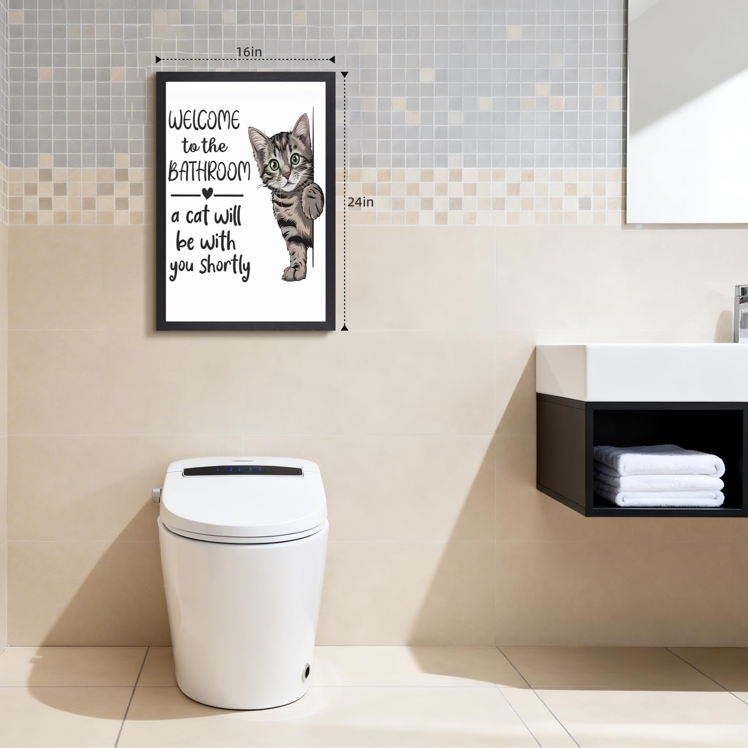 TSTVO Wood Framed Funny Cat Canvas Wall Art, Welcome to the Bathroom Wall Decor, Cute Tabby Cat Wrapped Canvas Artwork, Humorous Black White Animal Poster Print for Bathroom Ready to Hang 12x16 Inch
