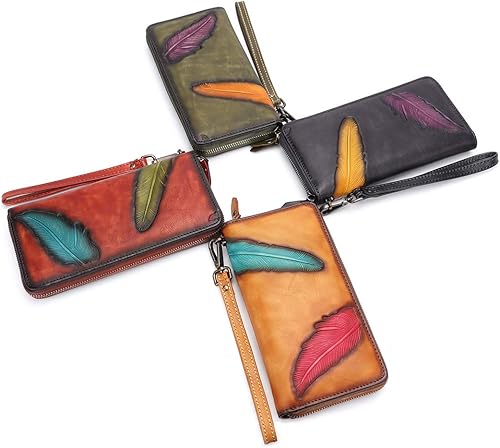 Miniatura 7 de IVTG Cartera de cuero genuino con cremallera alrededor de la pulsera bolso largo vintage en relieve de piel de vaca capacidad embrague hecho a mano,