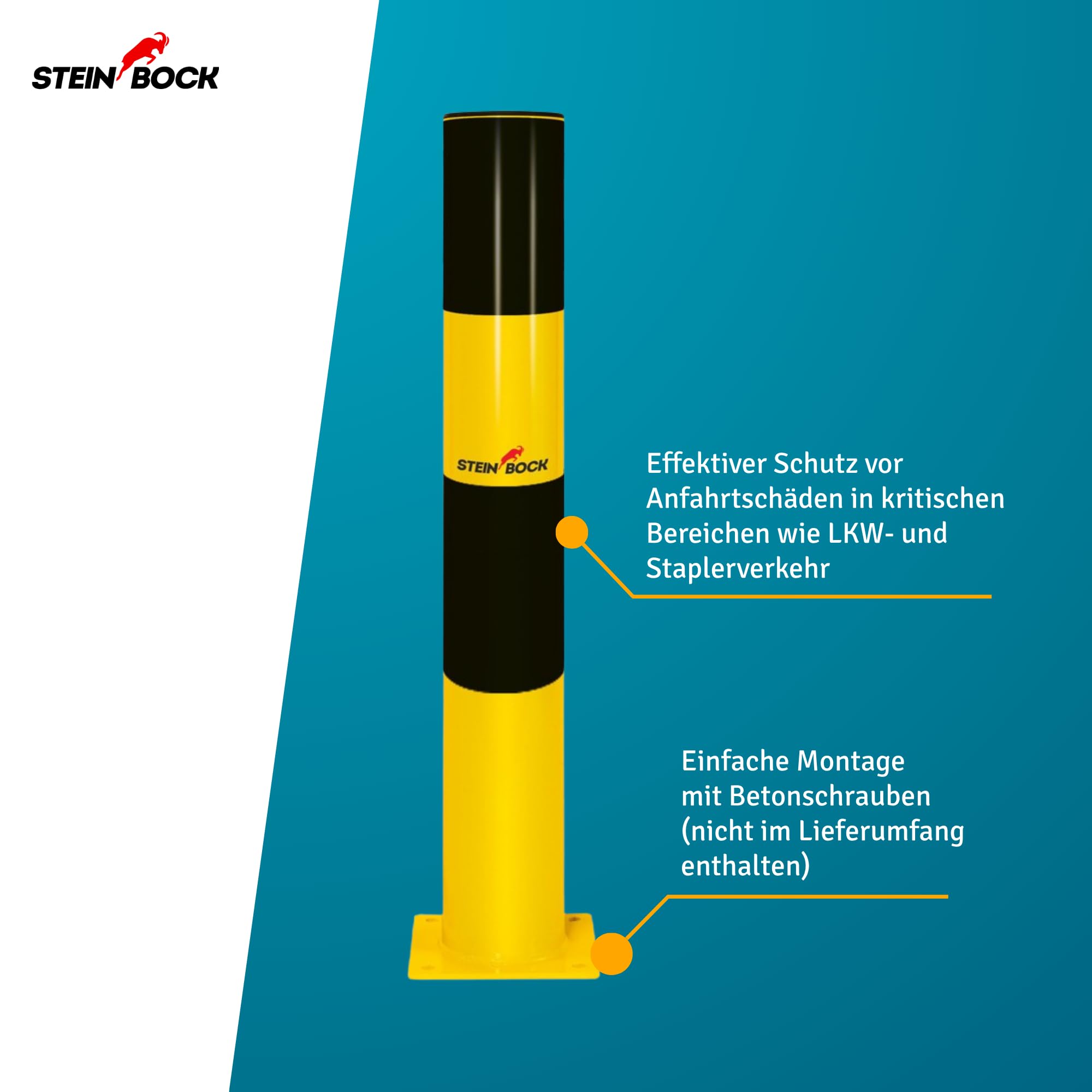 Steinbock Rammschutz-Poller | 110 cm Höhe | 8,9 cm Durchmesser | 8,7 kg Gewicht | pulverbeschichteter Stahl | Warnhinweis zum Schutz vor Anfahrschäden | robuster Anfahrschutz | Made in EU