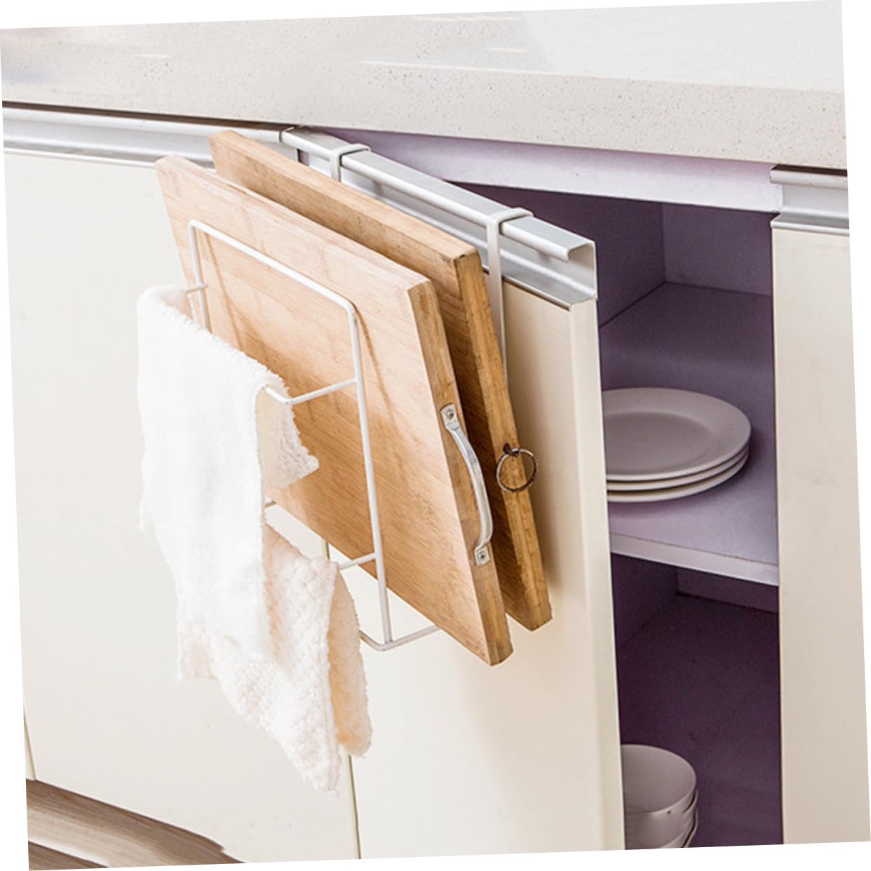 COLLBATH Bohrfreier Wandhakenleiste Schneidebretthalter aus Eisen Doppellagiges Küchenregal Tragbar für Bad und Praktische Holzbrett und Wischtuchaufbewahrung