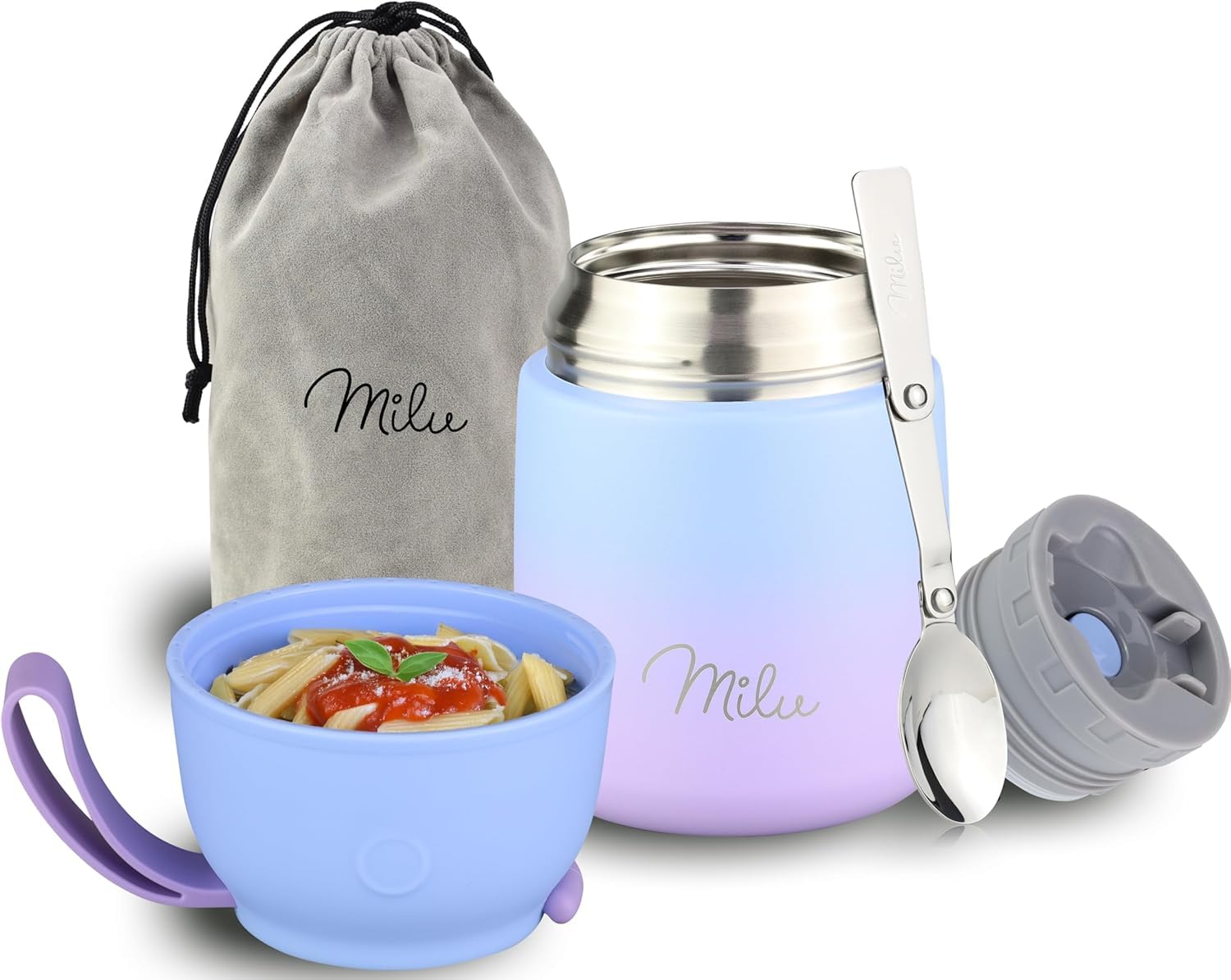 Milu Blue Violet Milu® Thermo Food Flask 450Ml - Stainless Steel Insulated Container - Lunchbox - Jar With Spoon For Hot And Cold Food (, 450Ml)