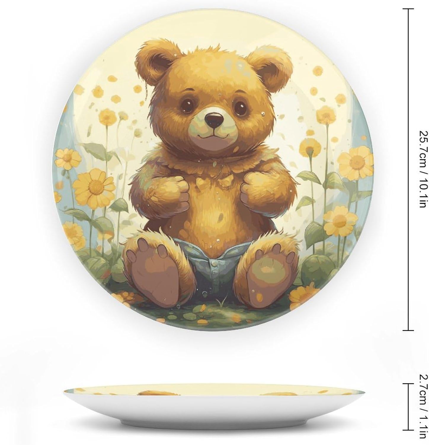 Flower And Bear Decorative Plates for Display Round Porcelain Plate Living Room Table Ceramic Hanging Decorative Plate Art Decor for Living Room Table with 1 Display Stand 10inch