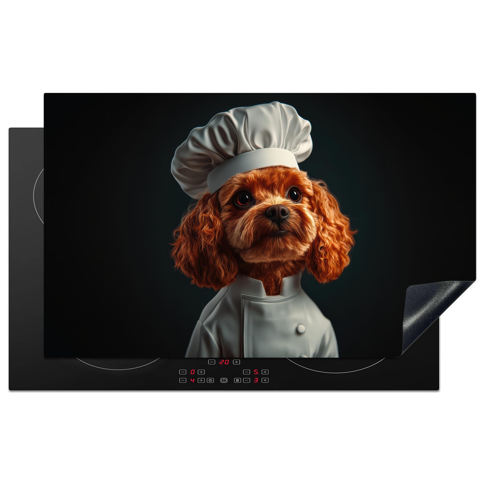 KitchenYeah© Induction Hob Cover Protector Mat 20.3"x32.7" / 83x51.5 cm Kitchen Universal Ceramic Covers for Electric Cookers Vinyl Brown - Chefs Hat - Dog