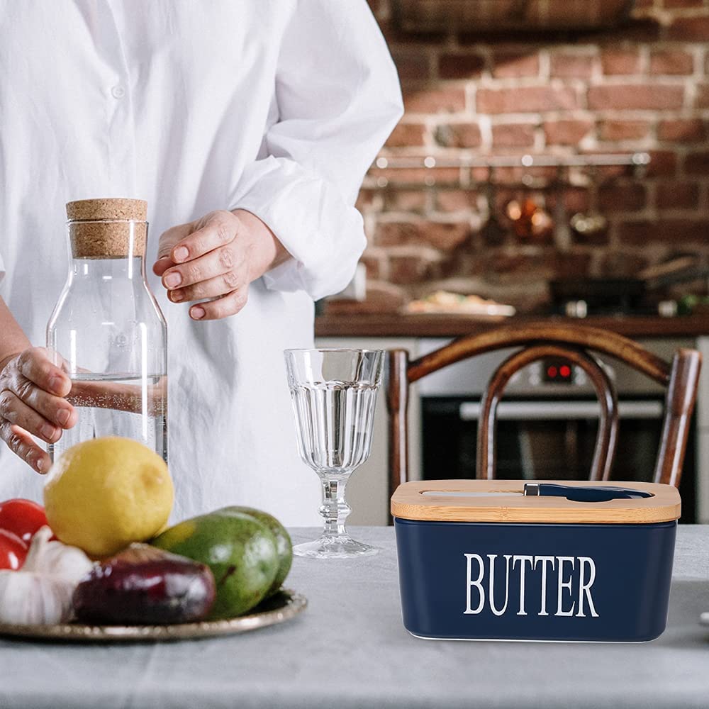 HEDRIX Ceramic Butter Dish Nordic Style Butter Box Butter Keeper Container Food Storage Candy Box Baking Dish with Wood Lid Knife for Kitchen, Standard 2