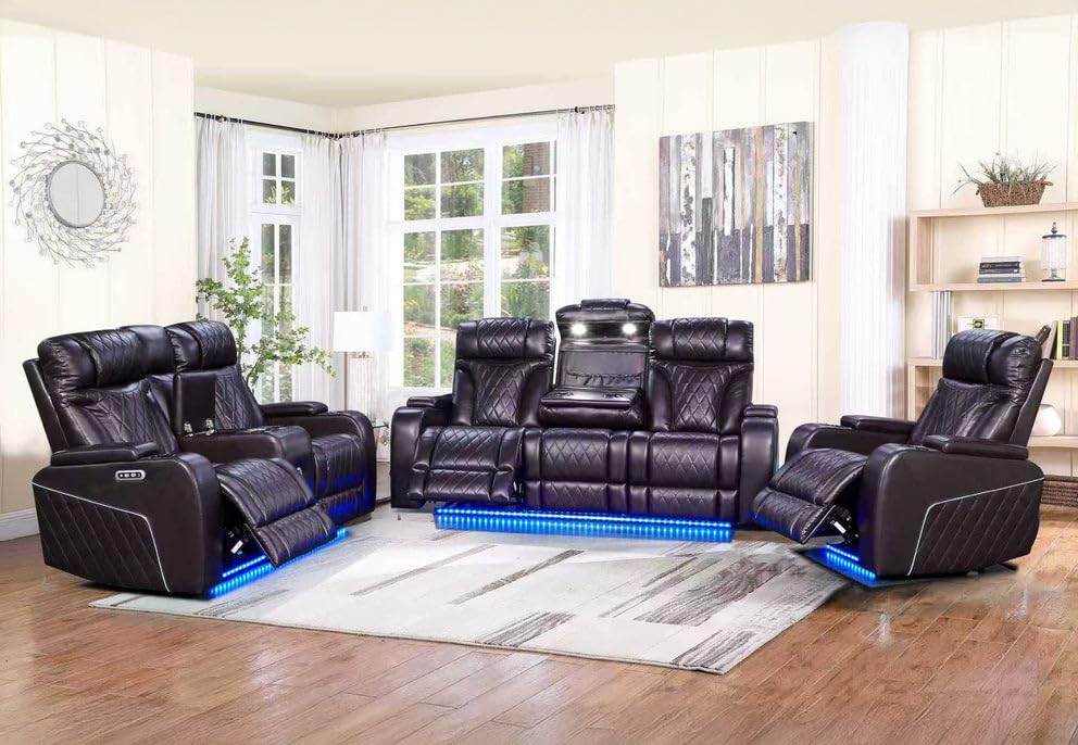 First of a Kind Luxurious Dual Brown Reclining Sofa - Diamond-Stitched Leather Couch with LED Lighting - Built-in Cup Holders, Power Controls, &amp; Reading Lights