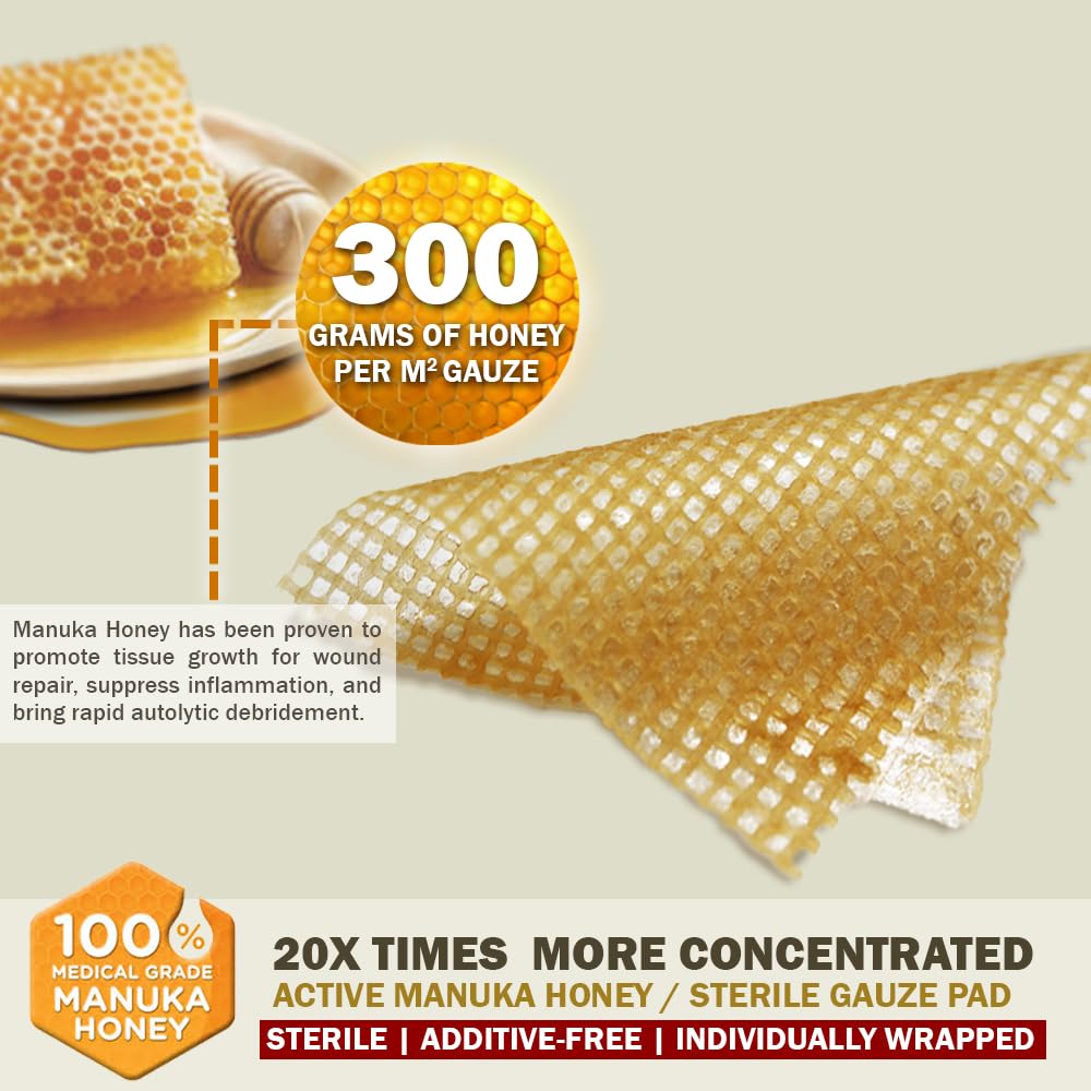 EVERLIT CARE Manuka Honey Dressing | Sterile Non-Adhesive Pads with Unadulterated Medical-Grade Honey | Advanced Healing for Burn, Chronic Wound, Donor Sites, Pressure & Diabetic Ulcer (4" Gauze) — Amazon image 2