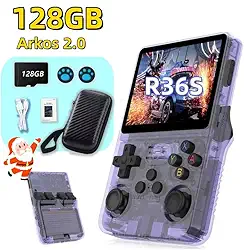 Console de jogos portátil retrô R36S, memória de 128 GB, sistema Arkos 2.0, 1 GB de RAM, console de jogos integrado com mais de 39.000 jogos, brinquedo de descompressão portátil para adultos, adequado para vários emuladores, como N64/PSP/PS/GBA, cor: roxo