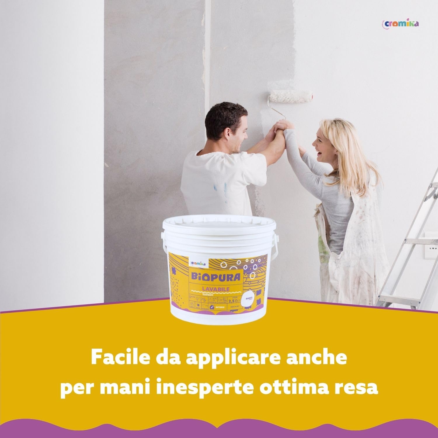 CROMIKA BIOPURA Pittura Lavabile Traspirante per Interni, Alta Copertura Rullo Pennello Spruzzo Finitura Opaca Made in Italy (Bianco, Litri 10)