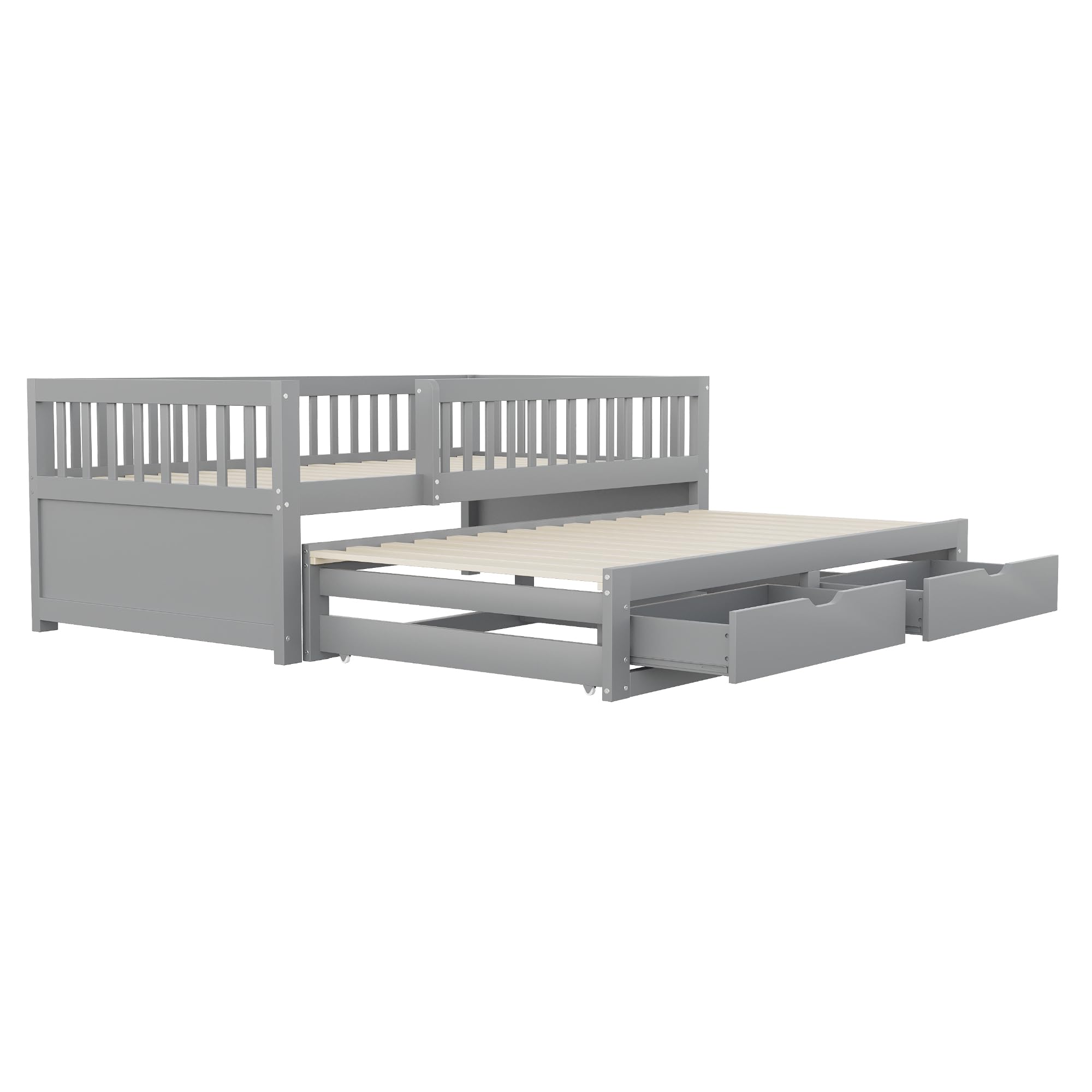 Kebnor Divano letto in legno massiccio, rete di sicurezza completamente rivestita, letto estraibile con 2 cassetti sottostanti, con rete a doghe, lettino per ragazzi e adulti (grigio, 90 x 200 cm)