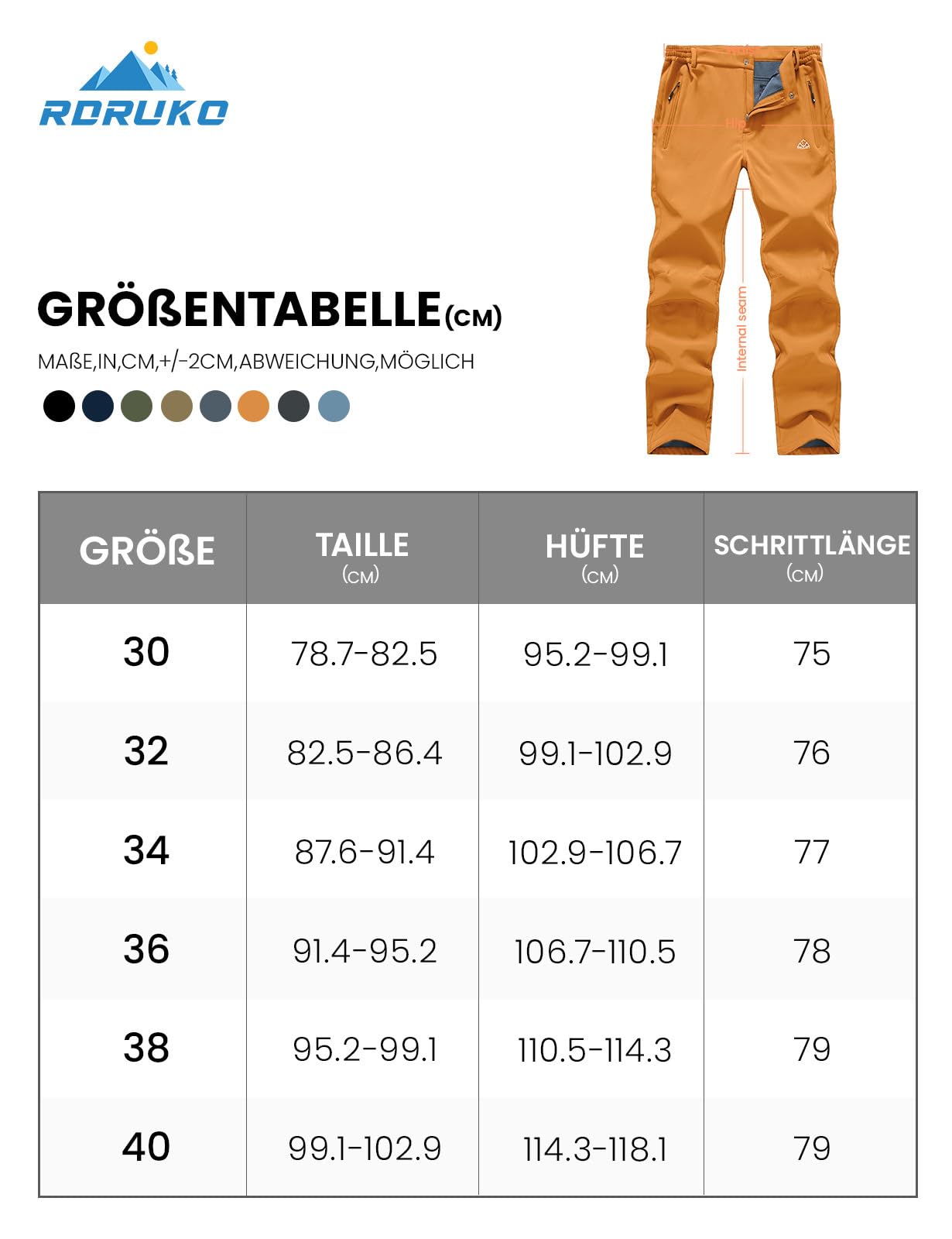 Rdruko Pantalon softshell pour homme - Imperméable - Pantalon de ski - Pantalon de travail - Doublure chaude - Pantalon de randonnée - Pantalon d'extérieur, Orange, 32