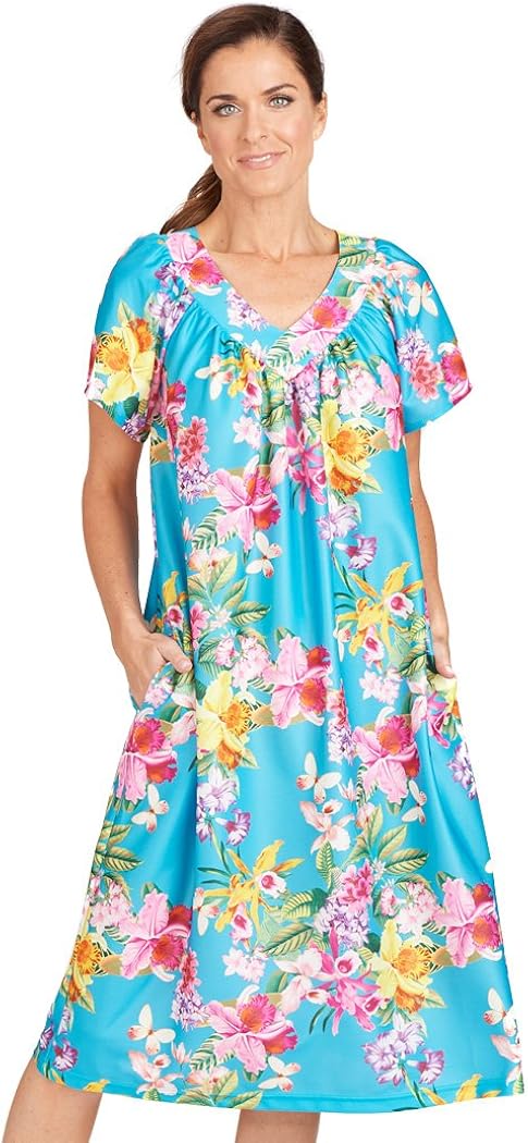 AmeriMark Women's V-Neck Lounger House Dress with Pockets Muumuu Nightgown