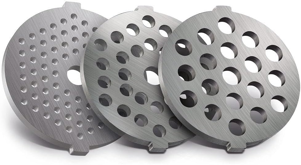 Three different grinding plates for meat grinder