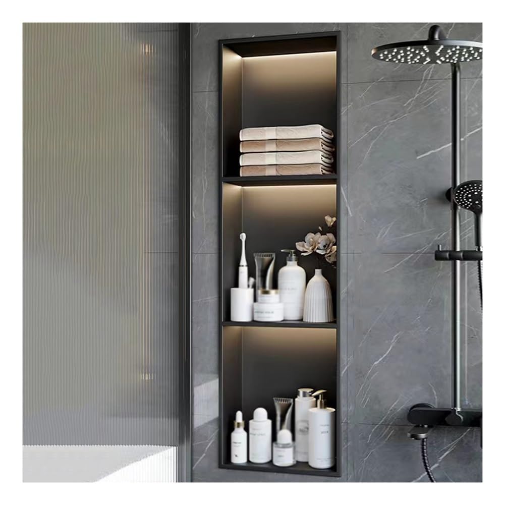 pujindu Wall Niche Shower Stainless Steel With LED Light, Embedded Shower Niche, Shower Niche Wall Insert, No Tile Needed For Bathroom Kitchen(Black,90x28x12.5cm)