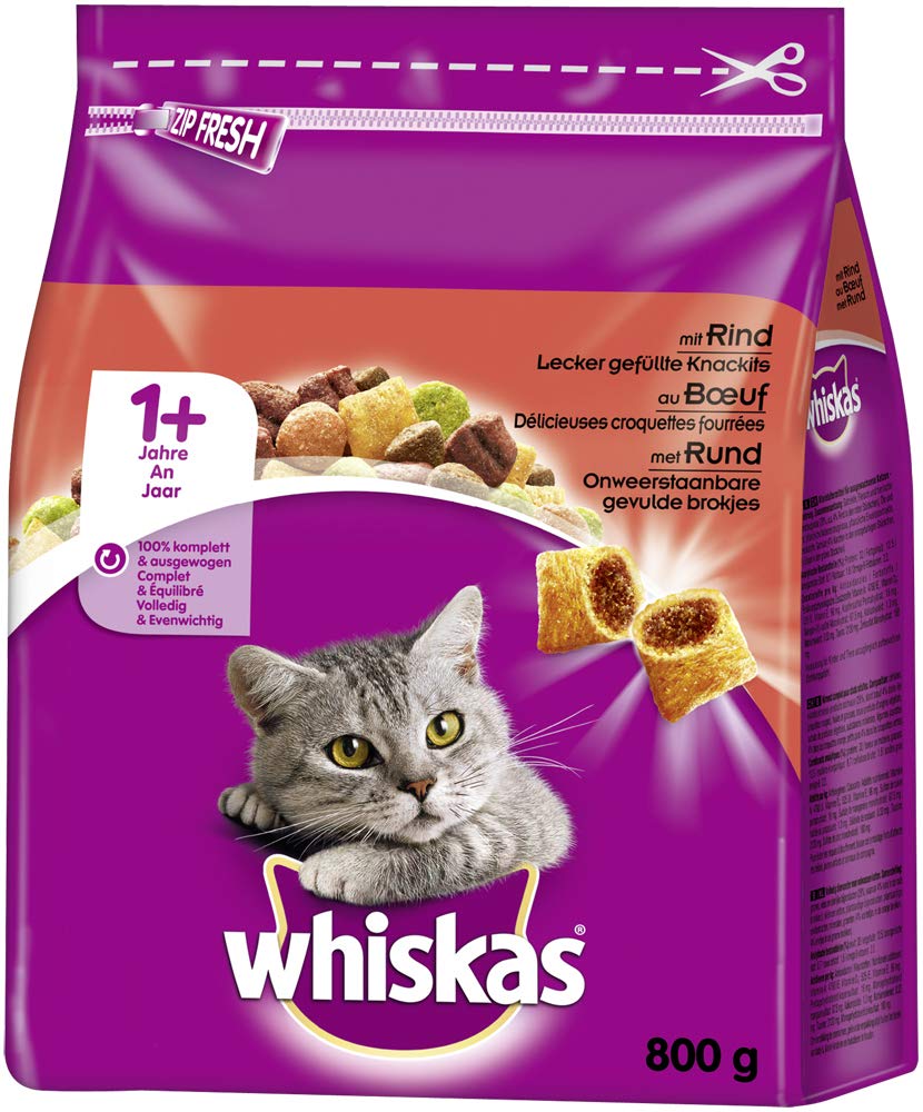 Whiskas 1+ Katzenfutter  Knabberstckchen mit Rind  Hochwertiges  Trockenfutter fr ausgewachsene Katzen  Beutel (5 x 800g) : Amazon.de:  Haustier