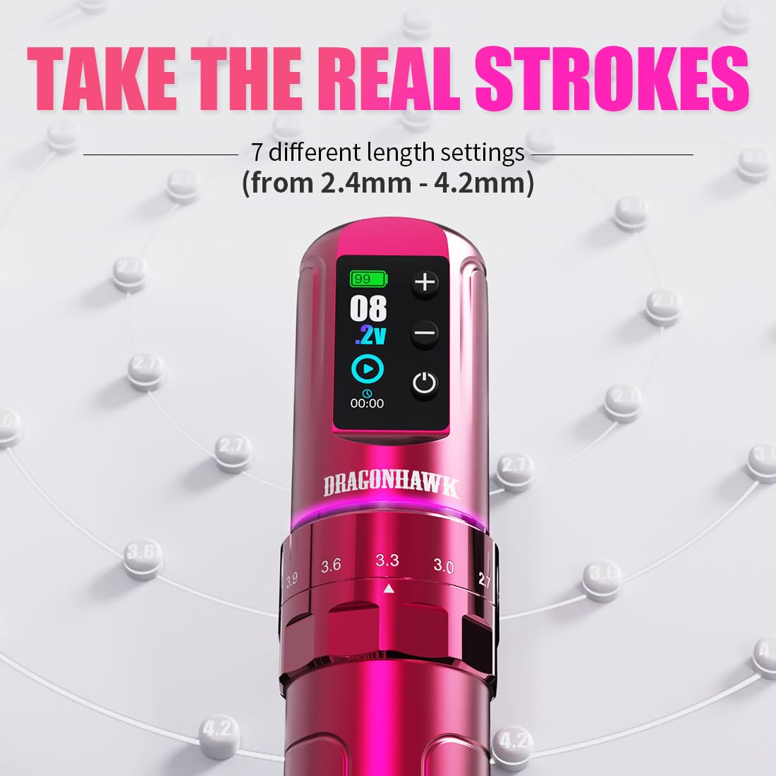 Dragonhawk L3 Cordless/Cord Tattoo Gun Rotary Pen Machine, Powerful Mcore-L Tattoo Motor, 7 Strokes Length 2,000mAh Battery Power Supply Pink Color for Pro Artists Pink Color