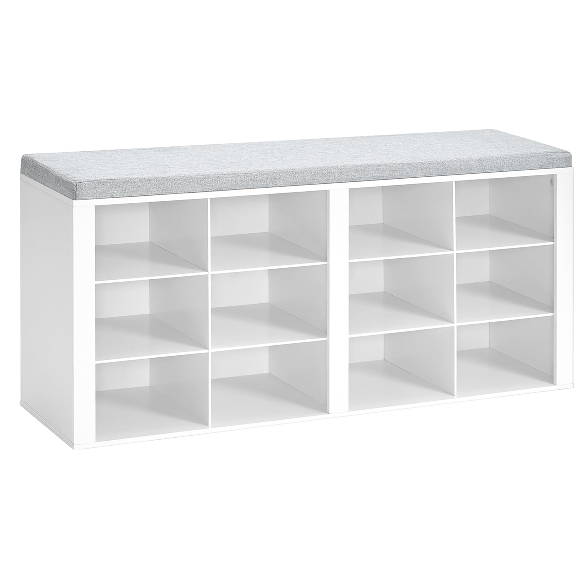 Hzuaneri Shoe Storage Bench with Padded Seat, Shoe Rack Bench with 12 Open Compartments, Adjustable Shelves, Shoes Cabinet with Cushion for Hallway, Living Room, Bedroom, White, SB19003GY