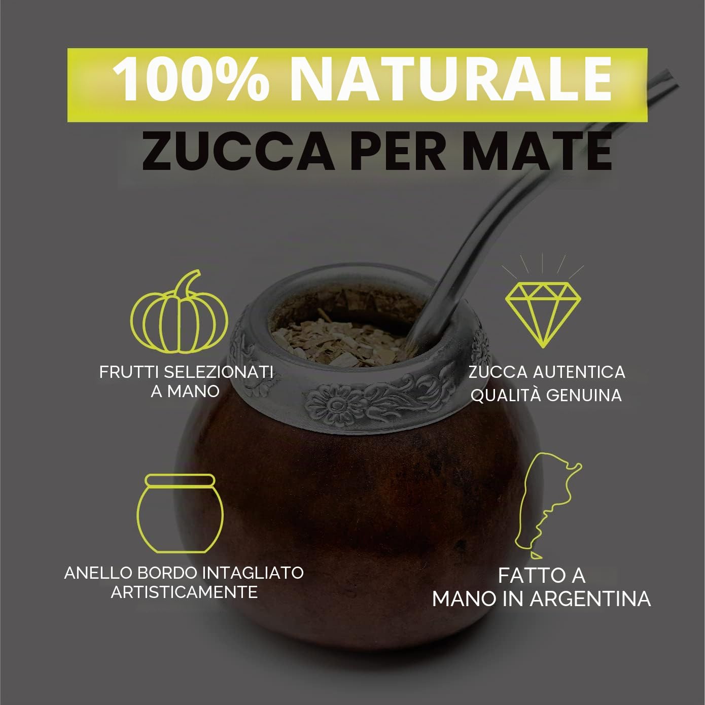 BALIBETOV Mate Argentino - Te Mate Kit di Zucca Naturale Fatto a Mano (Tazza Mate Originale) Compreso Bombilla Mate (Yerba Mate Bombilla) - Set Mate Argentino Autentico (Marrone)